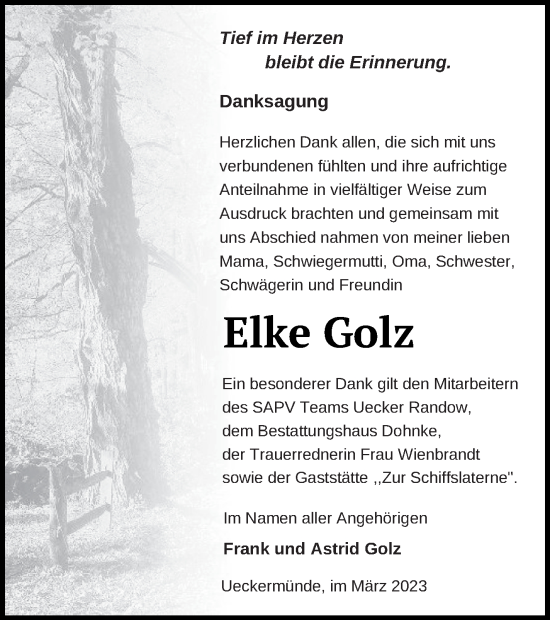 Traueranzeige von Elke Golz von Haff-Zeitung