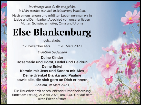 Traueranzeige von Else Blankenburg von Vorpommern Kurier