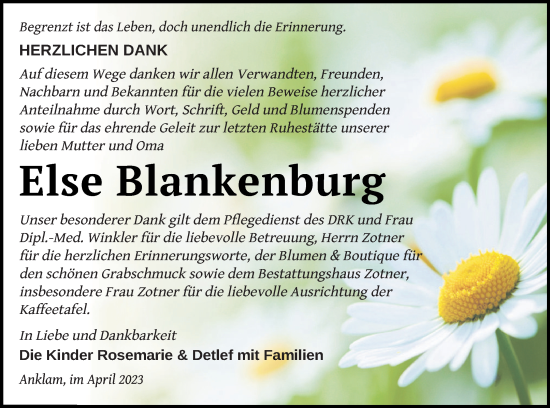 Traueranzeige von Else Blankenburg von Vorpommern Kurier