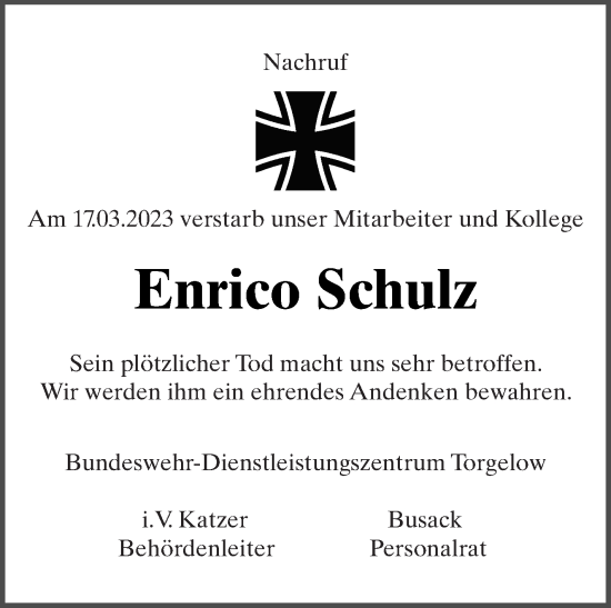 Traueranzeige von Enrico Schulz von Haff-Zeitung