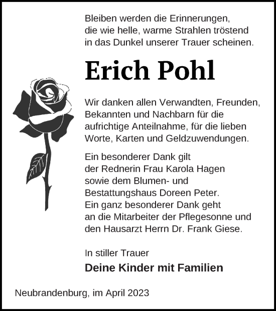 Traueranzeige von Erich Pohl von Neubrandenburger Zeitung