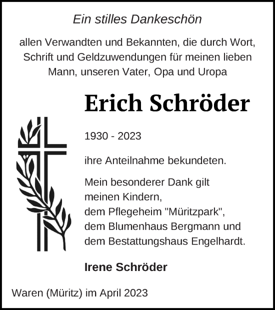 Traueranzeige von Erich Schröder von Müritz-Zeitung