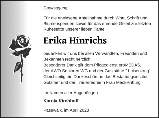 Traueranzeige von Erika Hinrichs von Pasewalker Zeitung