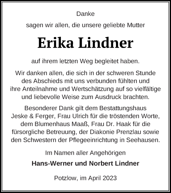 Traueranzeige von Erika Lindner von Prenzlauer Zeitung