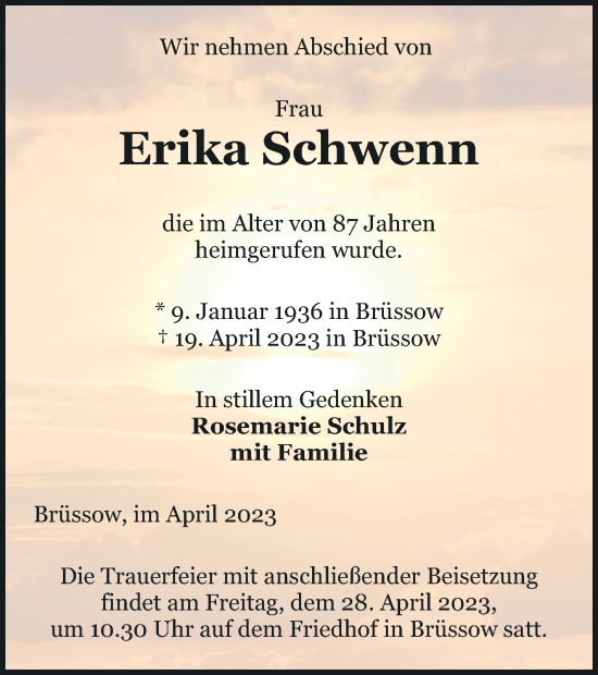 Traueranzeige von Erika Schwenn von Prenzlauer Zeitung