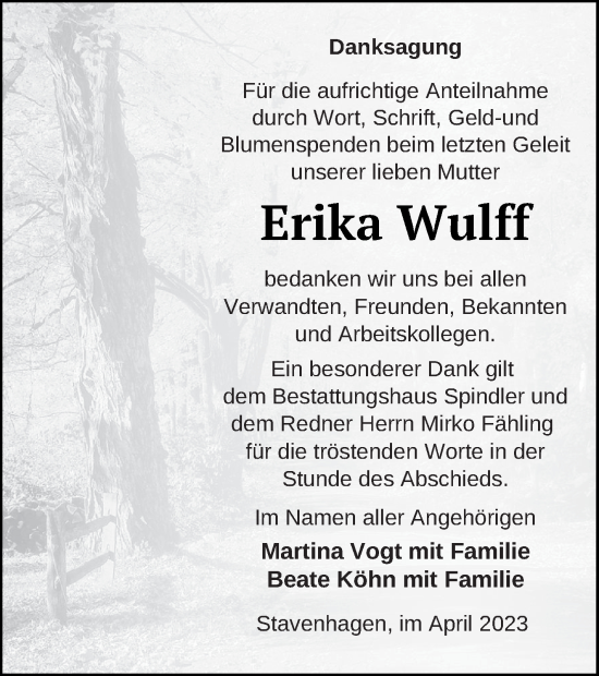 Traueranzeige von Erika Wulff von Mecklenburger Schweiz