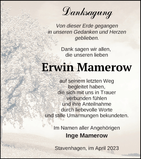 Traueranzeige von Erwin Mamerow von Mecklenburger Schweiz