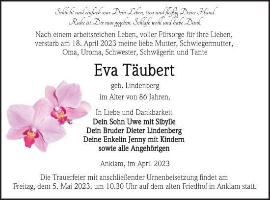 Traueranzeige von Eva Täubert von Vorpommern Kurier