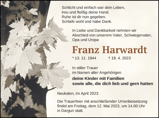 Traueranzeige von Franz Harwardt von Mecklenburger Schweiz