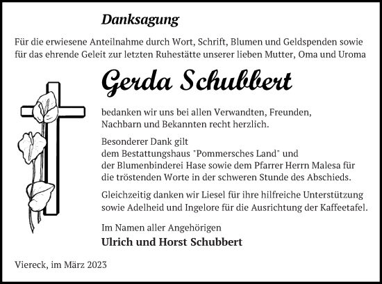 Traueranzeige von Gerda Schubbert von Pasewalker Zeitung