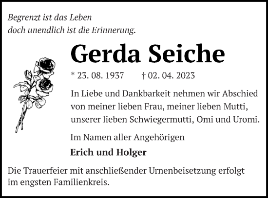 Traueranzeige von Gerda Seiche von Mecklenburger Schweiz