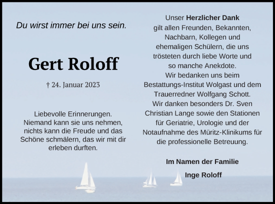 Traueranzeige von Gert Roloff von Müritz-Zeitung