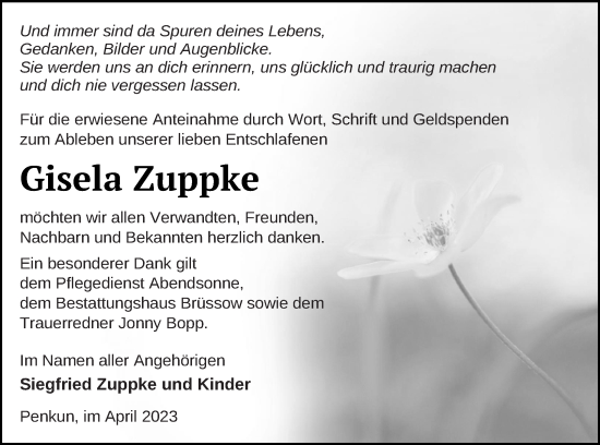 Traueranzeige von Gisela Zuppke von Pasewalker Zeitung