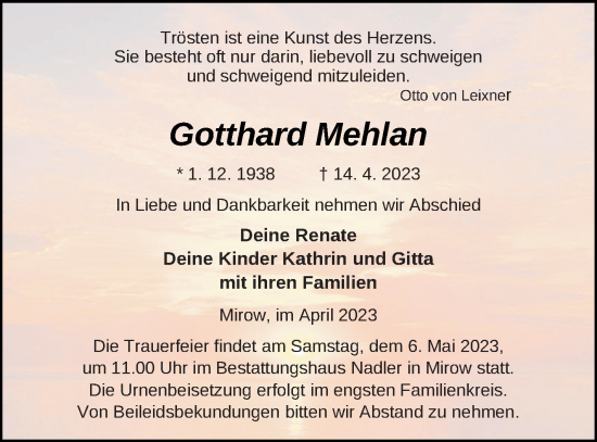 Traueranzeige von Gotthard Mehlan von Strelitzer Zeitung