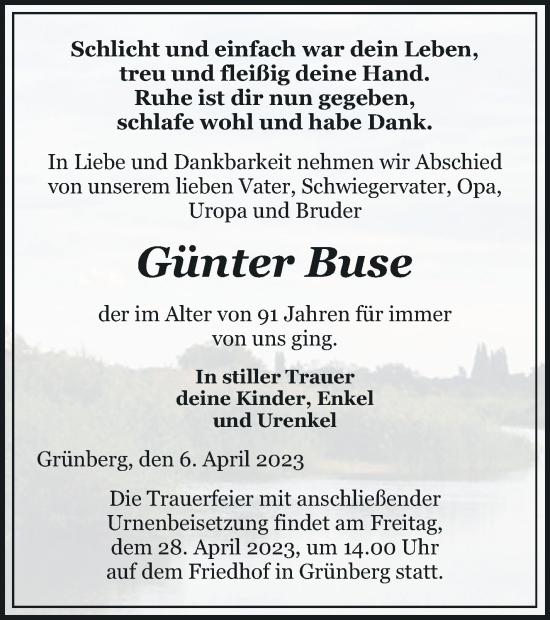 Traueranzeige von Günter Buse von Pasewalker Zeitung