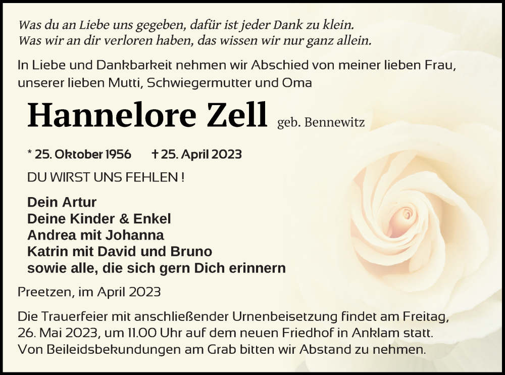  Traueranzeige für Hannelore Zell vom 29.04.2023 aus Vorpommern Kurier