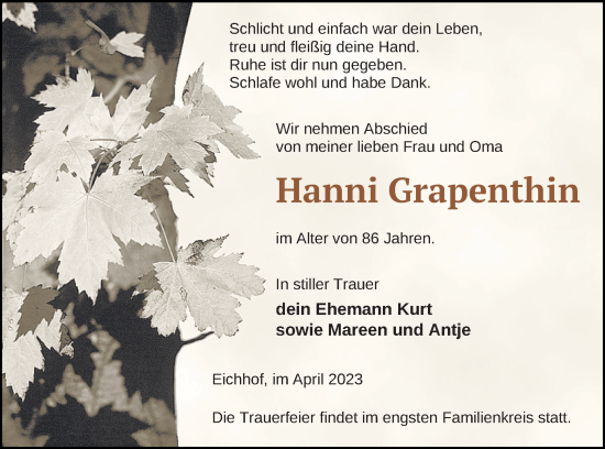 Traueranzeige von Hanni Grapenthin von Haff-Zeitung