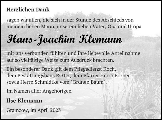 Traueranzeige von Hans-Joachim Klemann von Prenzlauer Zeitung