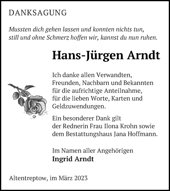 Traueranzeige von Hans-Jürgen Arndt von Neubrandenburger Zeitung