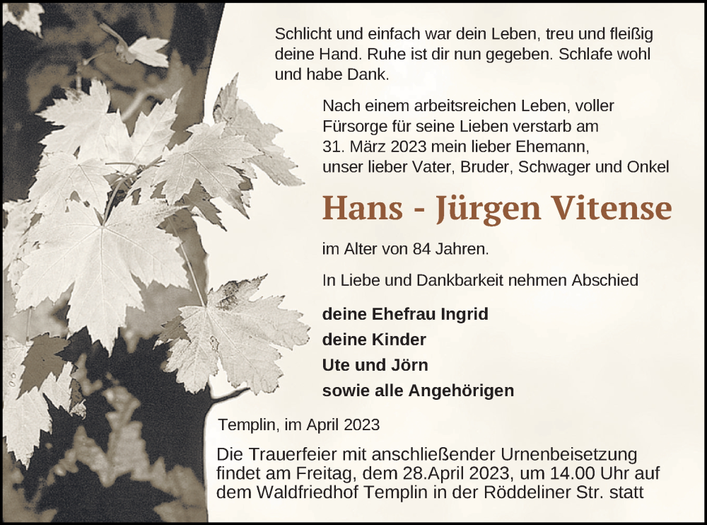  Traueranzeige für Hans-Jürgen Vitense vom 08.04.2023 aus Templiner Zeitung