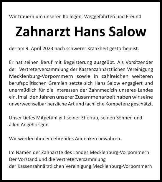 Traueranzeige von Hans Salow von Mecklenburger Schweiz