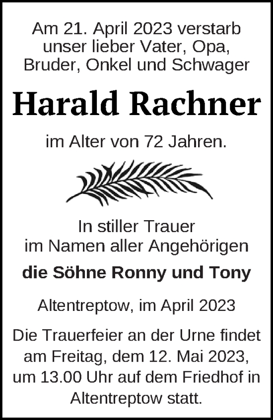 Traueranzeige von Harald Rachner von Neubrandenburger Zeitung