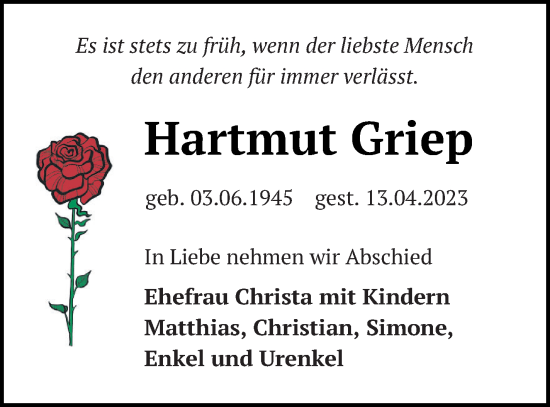 Traueranzeige von Hartmut Griep von Neubrandenburger Zeitung