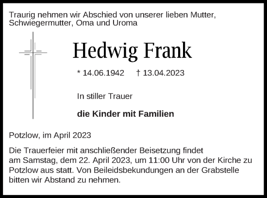 Traueranzeige von Hedwig Frank von Prenzlauer Zeitung