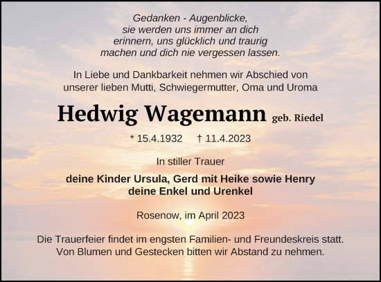 Traueranzeige von Hedwig Wagemann von Neubrandenburger Zeitung