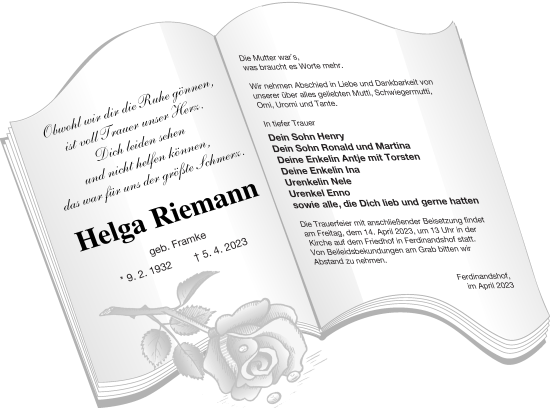 Traueranzeige von Helga Riemann von Haff-Zeitung