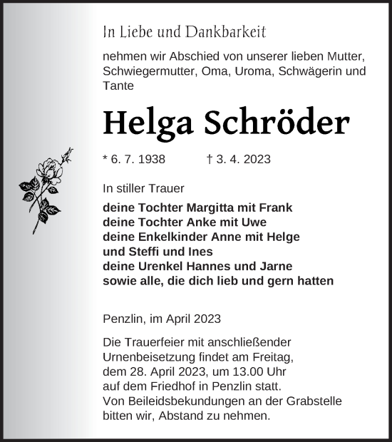 Traueranzeige von Helga Schröder von Müritz-Zeitung