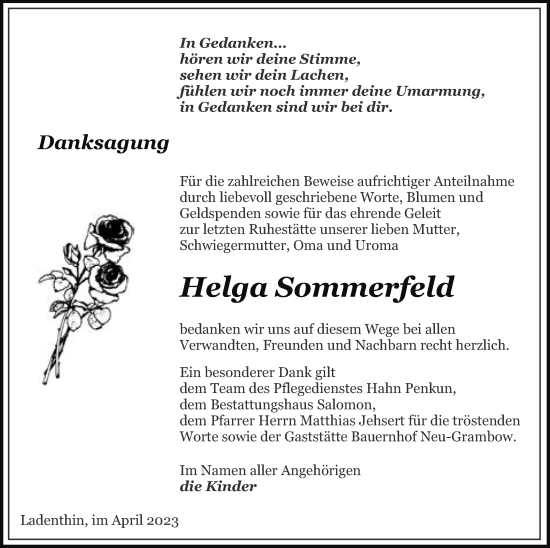 Traueranzeige von Helga Sommerfeld von Pasewalker Zeitung