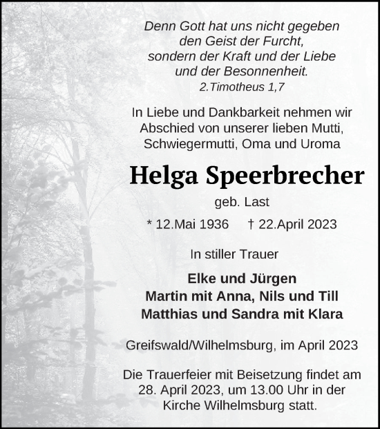 Traueranzeige von Helga Speerbrecher von Haff-Zeitung