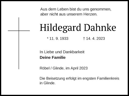 Traueranzeige von Hildegard Dahnke von Müritz-Zeitung