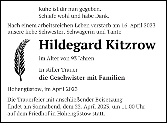 Traueranzeige von Hildegard Kitzrow von Prenzlauer Zeitung