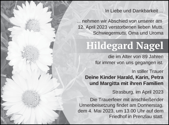 Traueranzeige von Hildegard Nagel von Prenzlauer Zeitung