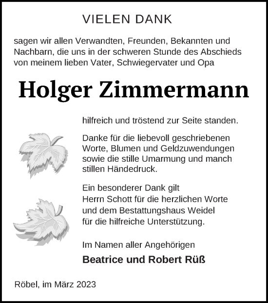 Traueranzeige von Holger Zimmermann von Müritz-Zeitung