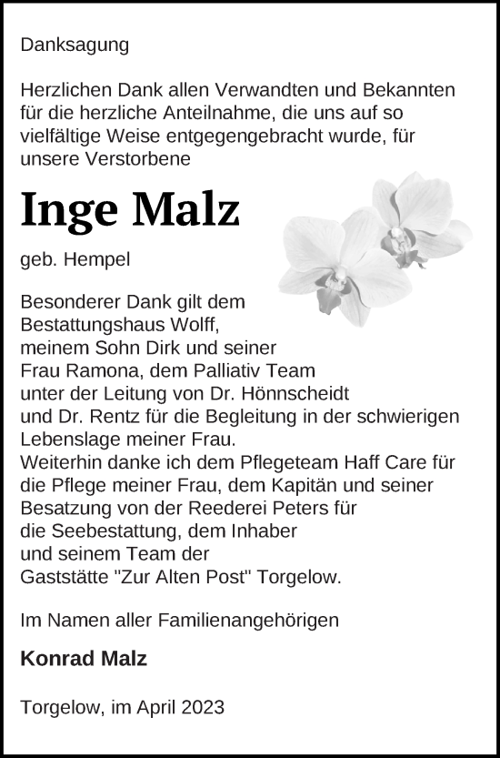 Traueranzeige von Inge Malz von Haff-Zeitung