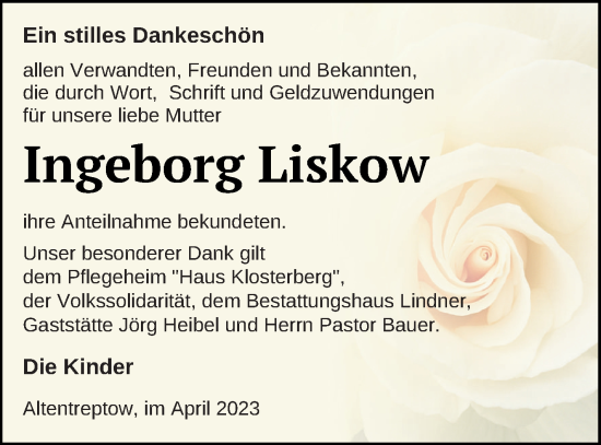 Traueranzeige von Ingeborg Liskow von Neubrandenburger Zeitung