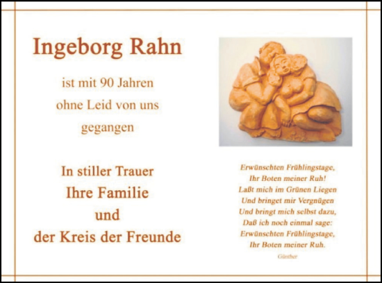 Traueranzeige von Ingeborg Rahn von Müritz-Zeitung