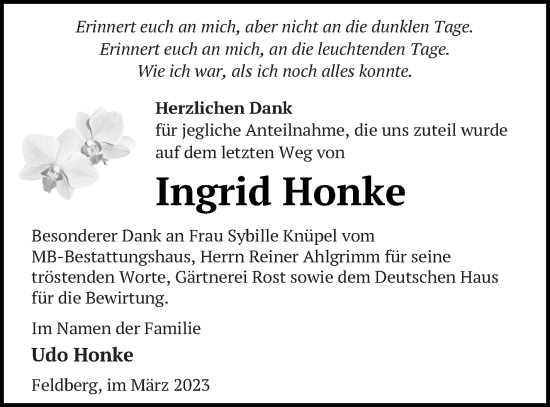 Traueranzeige von Ingrid Honke von Strelitzer Zeitung