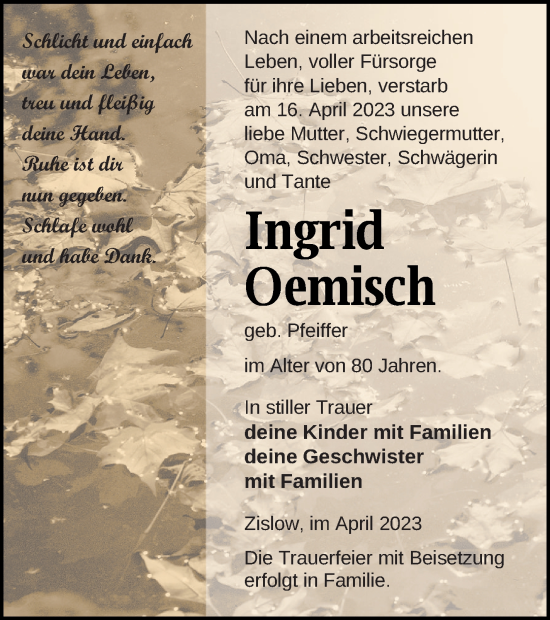 Traueranzeige von Ingrid Oemisch von Müritz-Zeitung