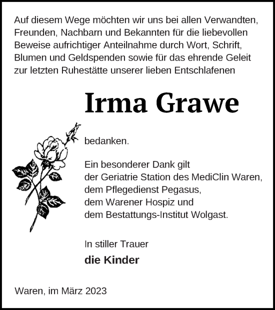 Traueranzeige von Irma Grawe von Müritz-Zeitung