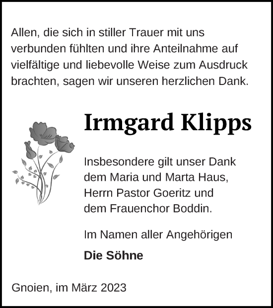 Traueranzeige von Irmgard Klipps von Mecklenburger Schweiz