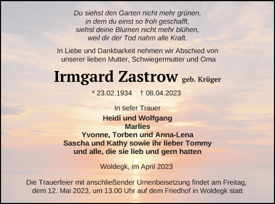 Traueranzeige von Irmgard Zastrow von Strelitzer Zeitung