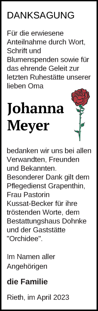 Traueranzeige von Johanna Meyer von Haff-Zeitung