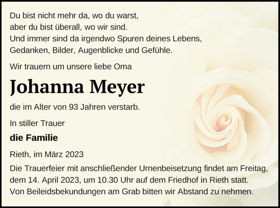 Traueranzeige von Johanna Meyer von Haff-Zeitung