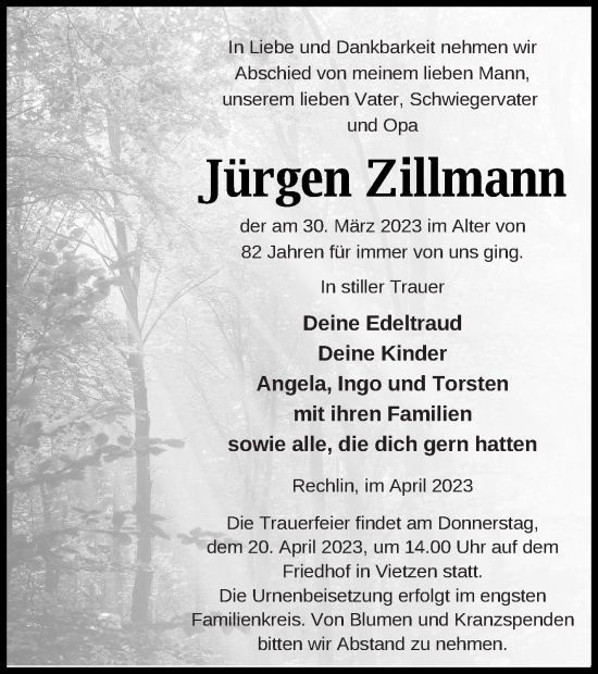 Traueranzeige von Jürgen Zillmann von Müritz-Zeitung