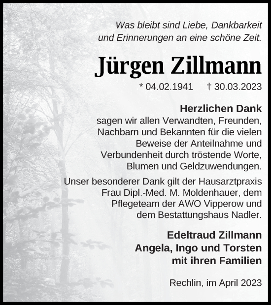 Traueranzeige von Jürgen Zillmann von Müritz-Zeitung