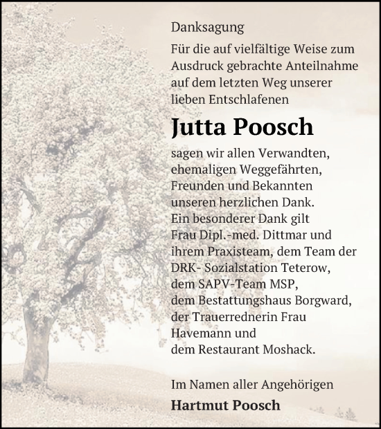 Traueranzeige von Jutta Poosch von Mecklenburger Schweiz
